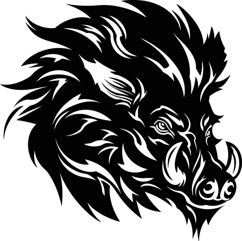 Wild Boar Head Silhouette With Ferocious Gaze. vector