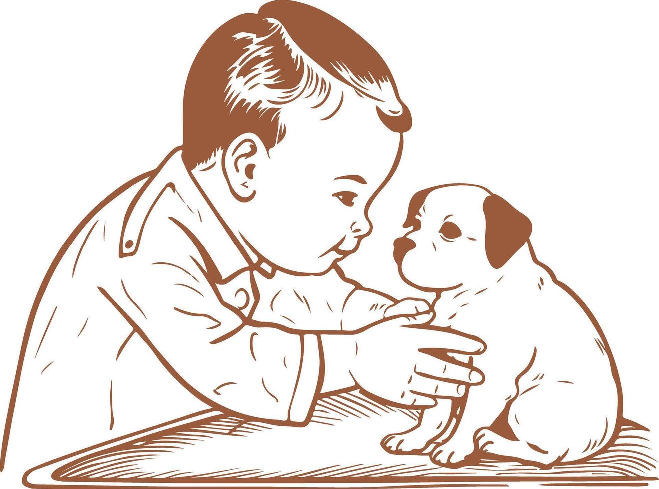 A boy petting a puppy in a drawing vector