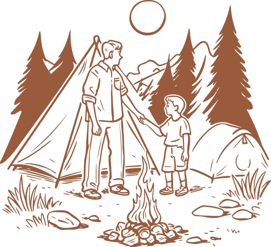 A man and boy are camping in the woods vector