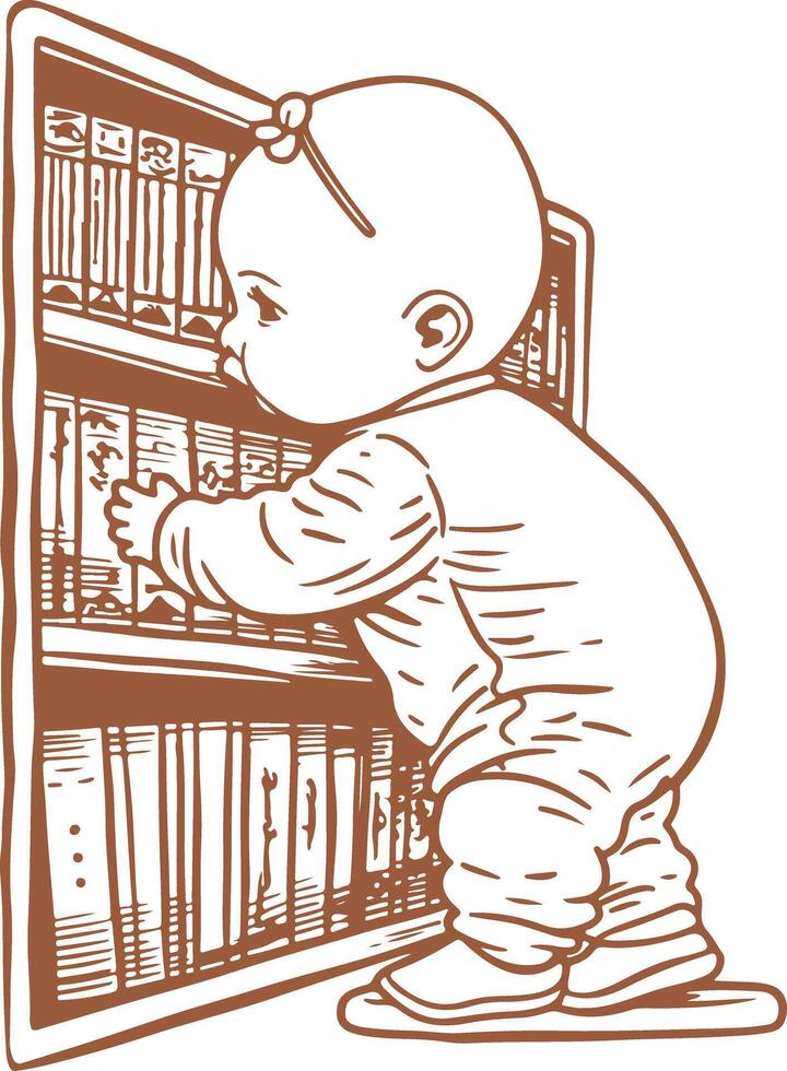 A baby is looking at books in a library vector