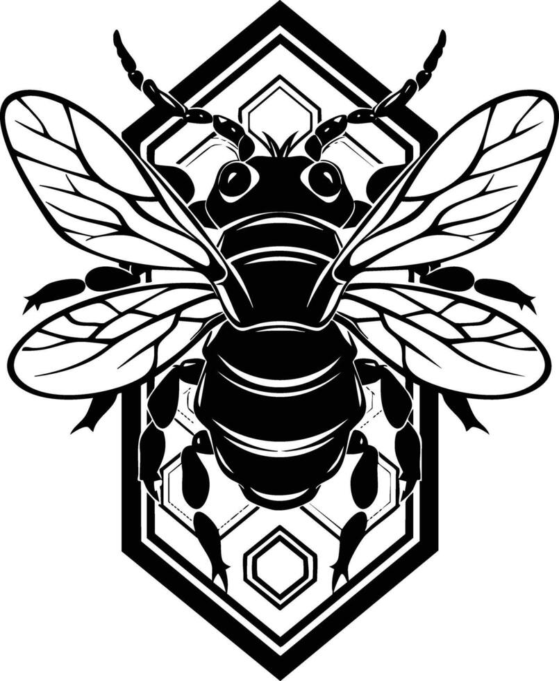 Bee Silhouette In A Hexagon, Black And White Design. vector