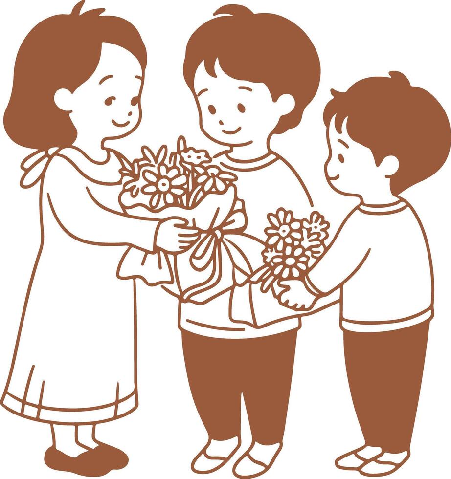 Three children giving flowers to a woman vector