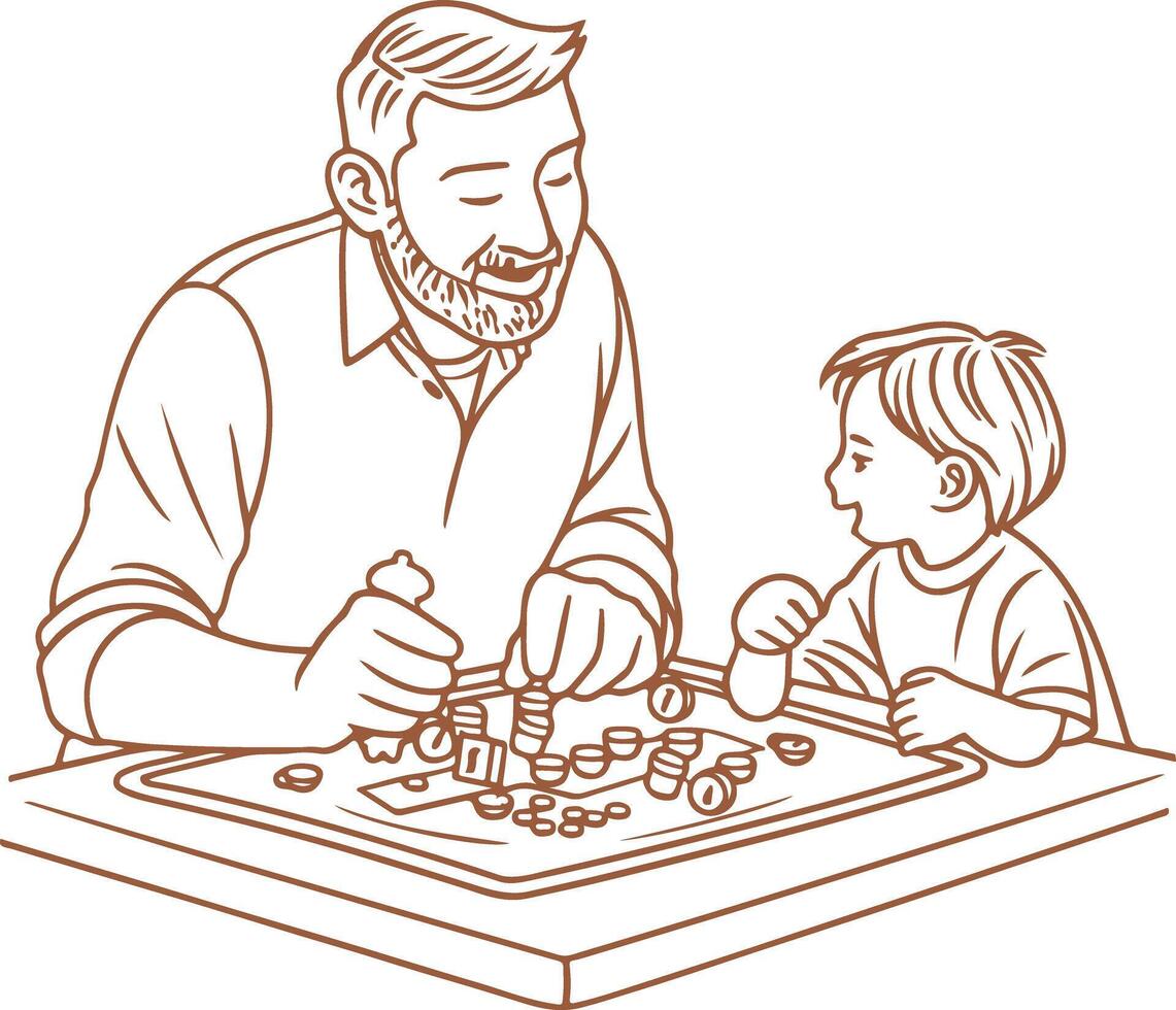 Vintage Father and child having a game night. They play board games vector