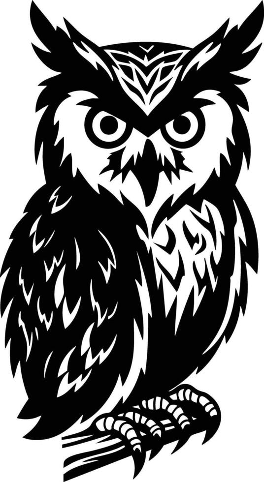 Majestic Owl Silhouette Perched on Branch with Intense Gaze. vector