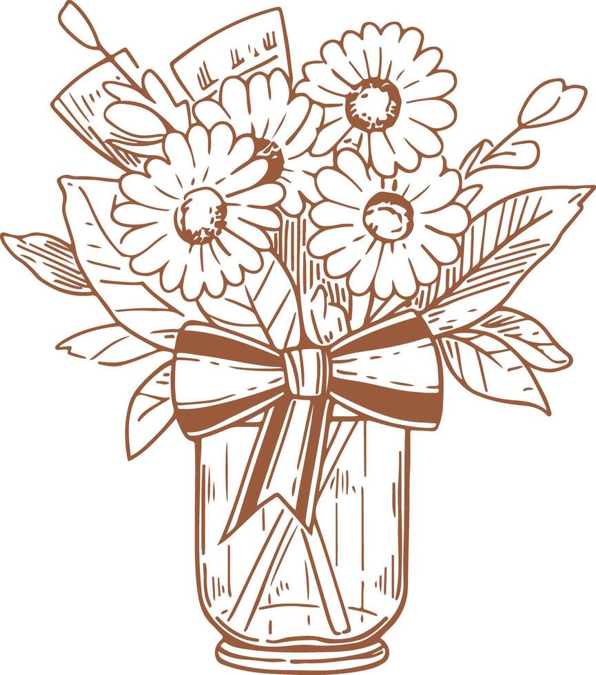 A bouquet of flowers in a vase with a ribbon vector