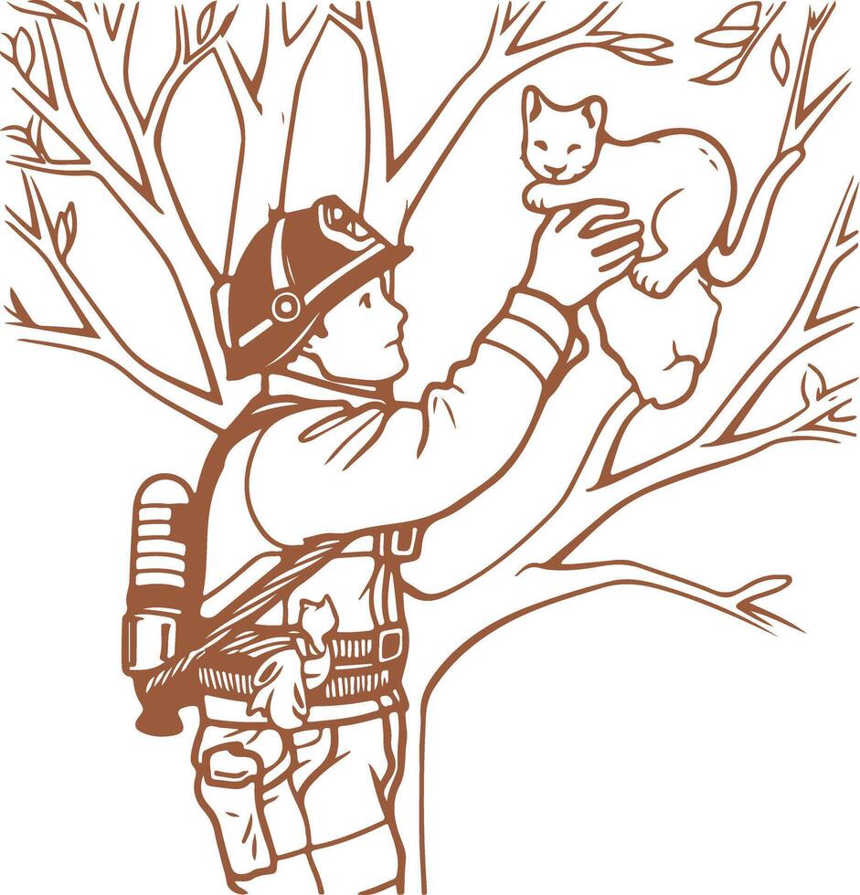 Firefighter with cat in tree vector