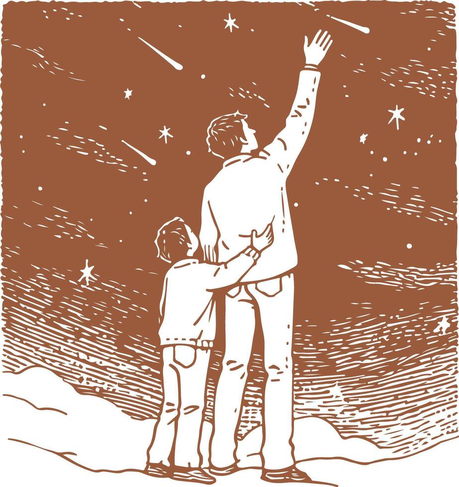 Vintage father and son holding hands looking up at the night sky vector