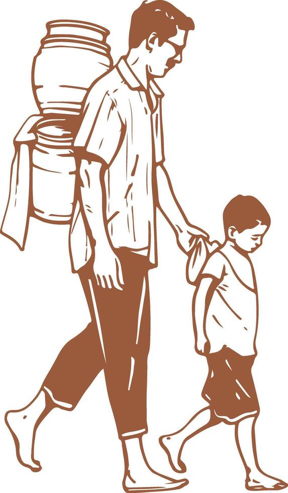Vintage Indian father carries a bucket of water on his shoulder and his son accompanies him vector