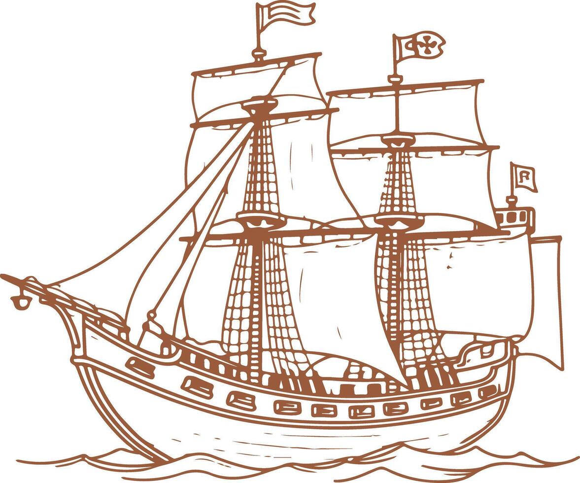 Vintage pirate ship with two children of swashbuckling characters vector