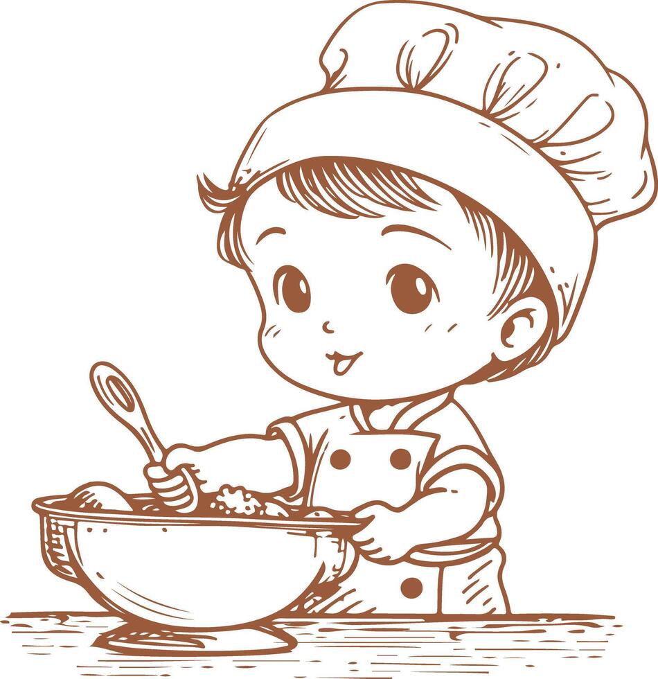 A cartoon chef is cooking food in a bowl vector