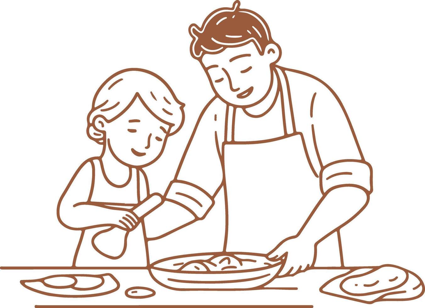 Vintage Father and child learning a new skill together. They take a cooking class vector