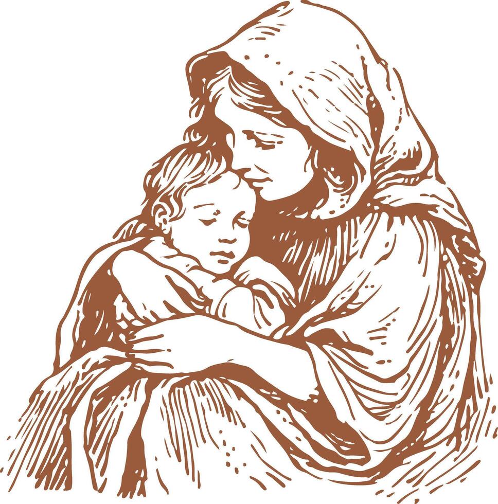 Textured Mother and Child Experiencing Homelessness vector