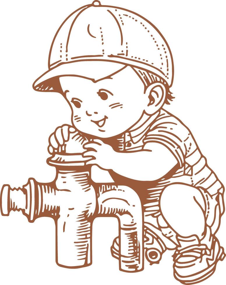A boy with a cap is playing with a water faucet vector