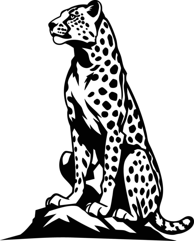 Cheetah Sitting on a Rock, Black and White Illustration. vector