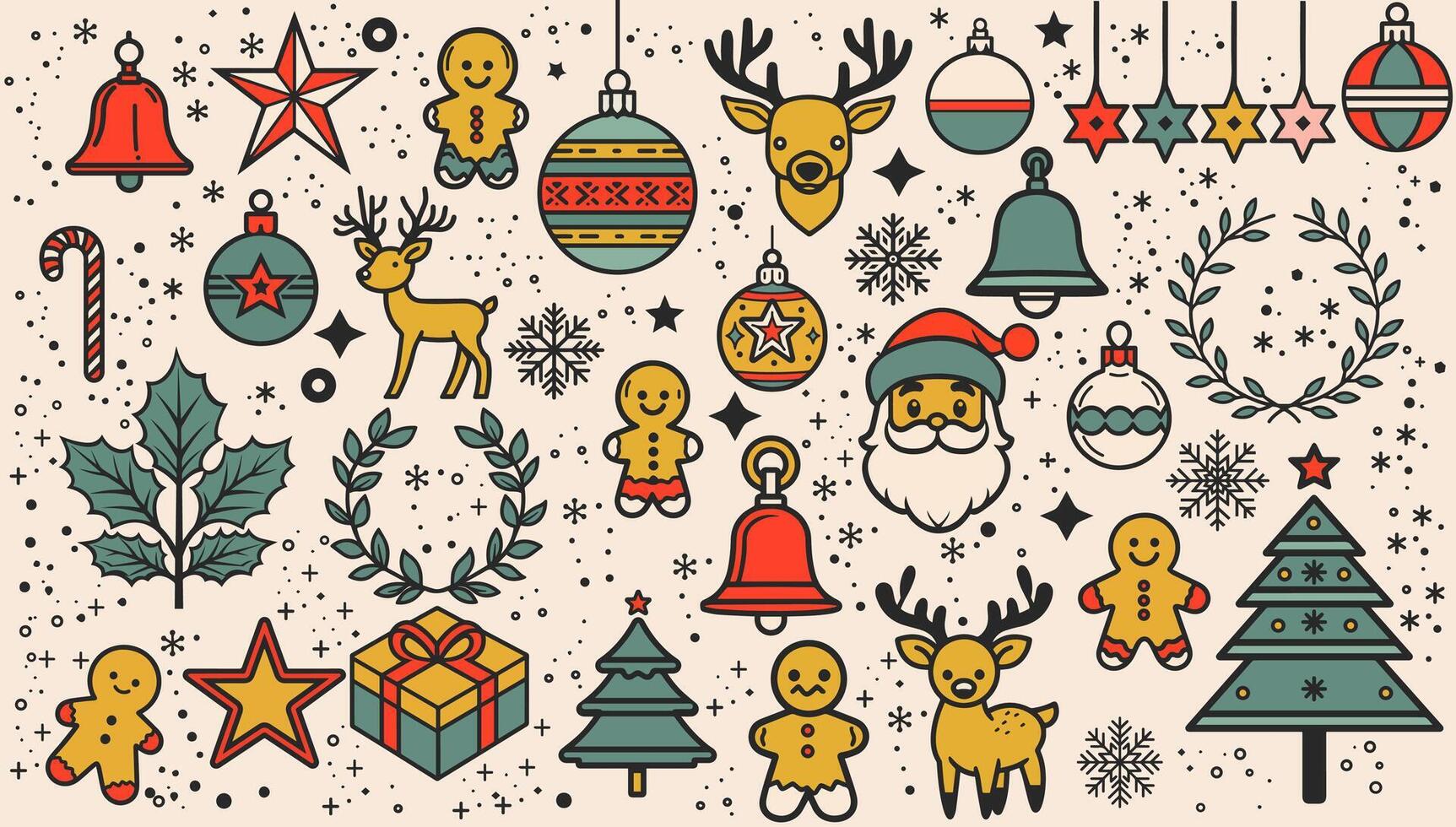 Christmas Retro collection element. New Year bundle set decoration and design winter illustration. Xmas season sign and cartoon decor icon. Symbol gingerbread cookies, tree, snowflakes, reindeer vector