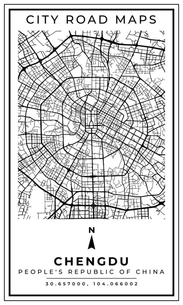 Monochrome Line Art Map of Chengdu City People Republic of China, Illustration and home decoration vector