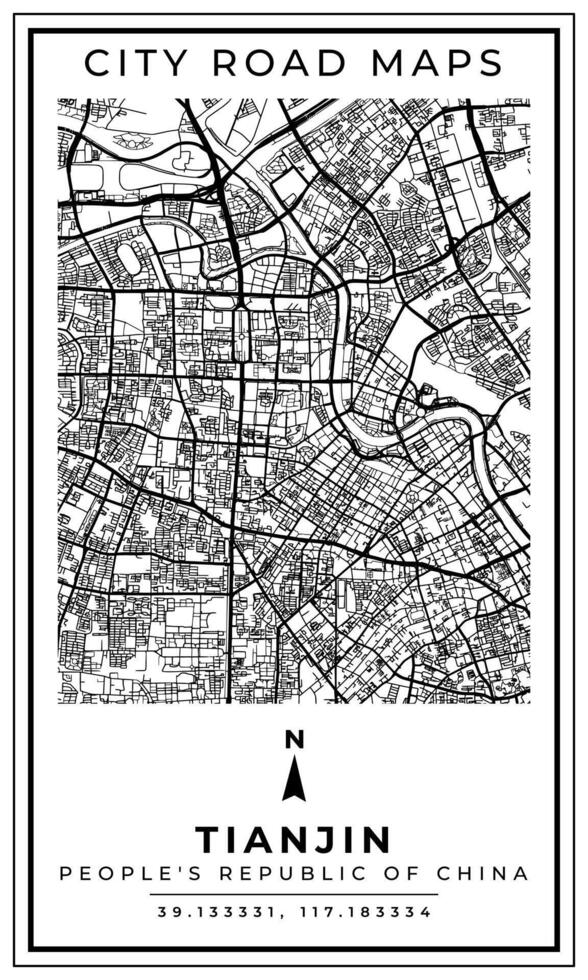 Monochrome Line Art Map of Tianjin City People Republic of China, Illustration and home decoration vector