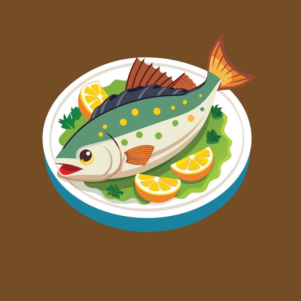 Fish on a plate with orange slices and herbs vector