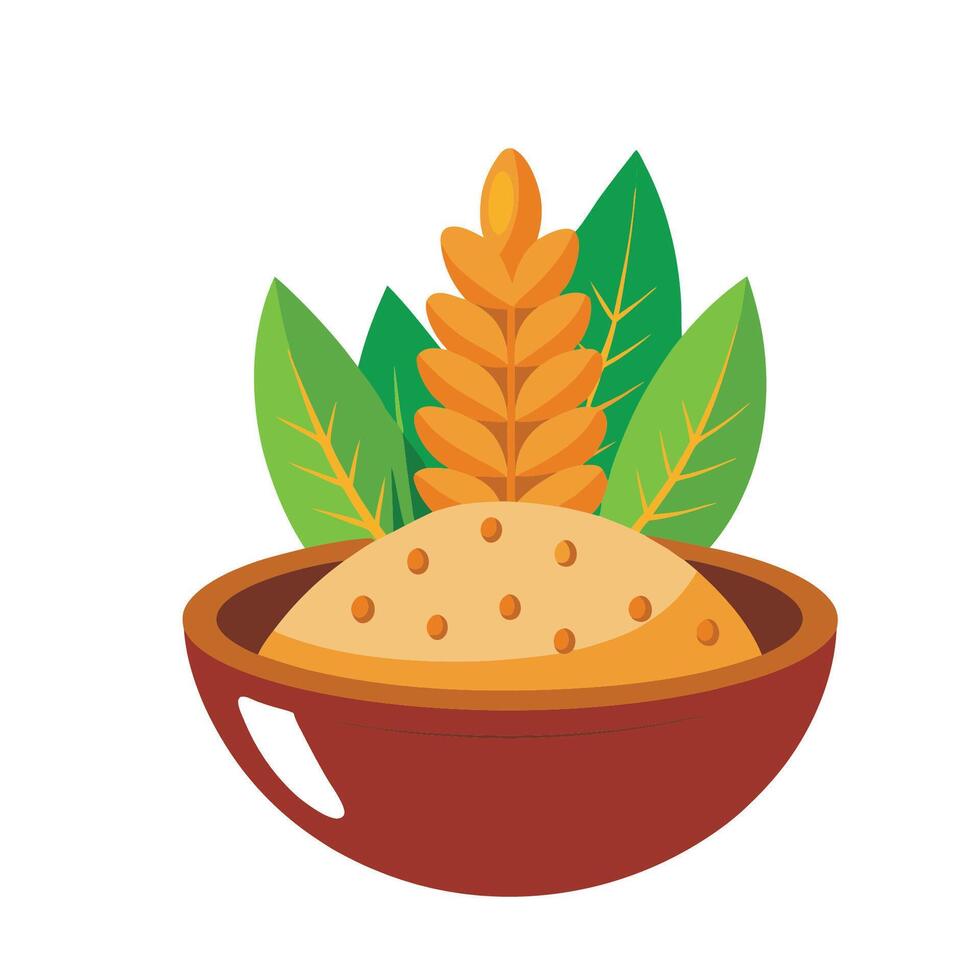 A bowl of wheat and leaves on a white background vector