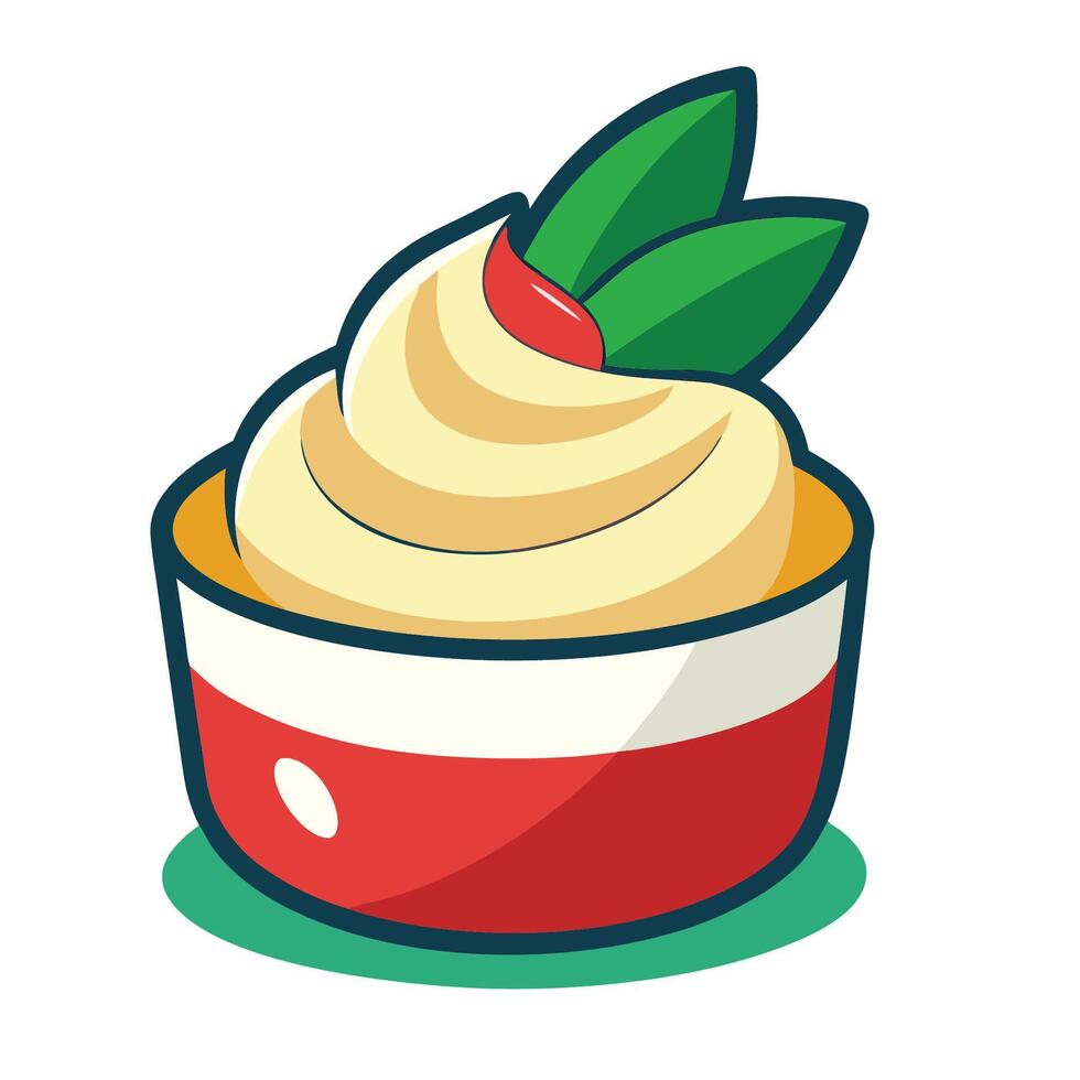 A dessert with whipped cream and a green leaf vector