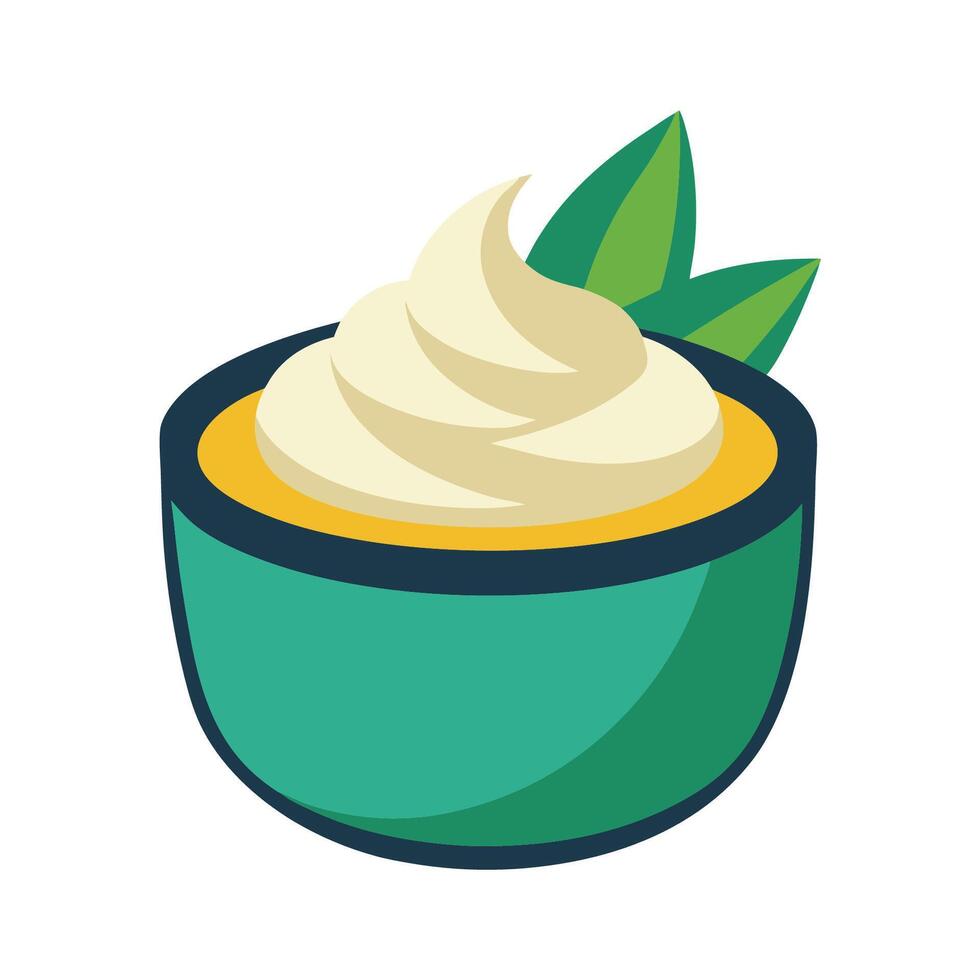 A bowl of yogurt with a green leaf on top vector