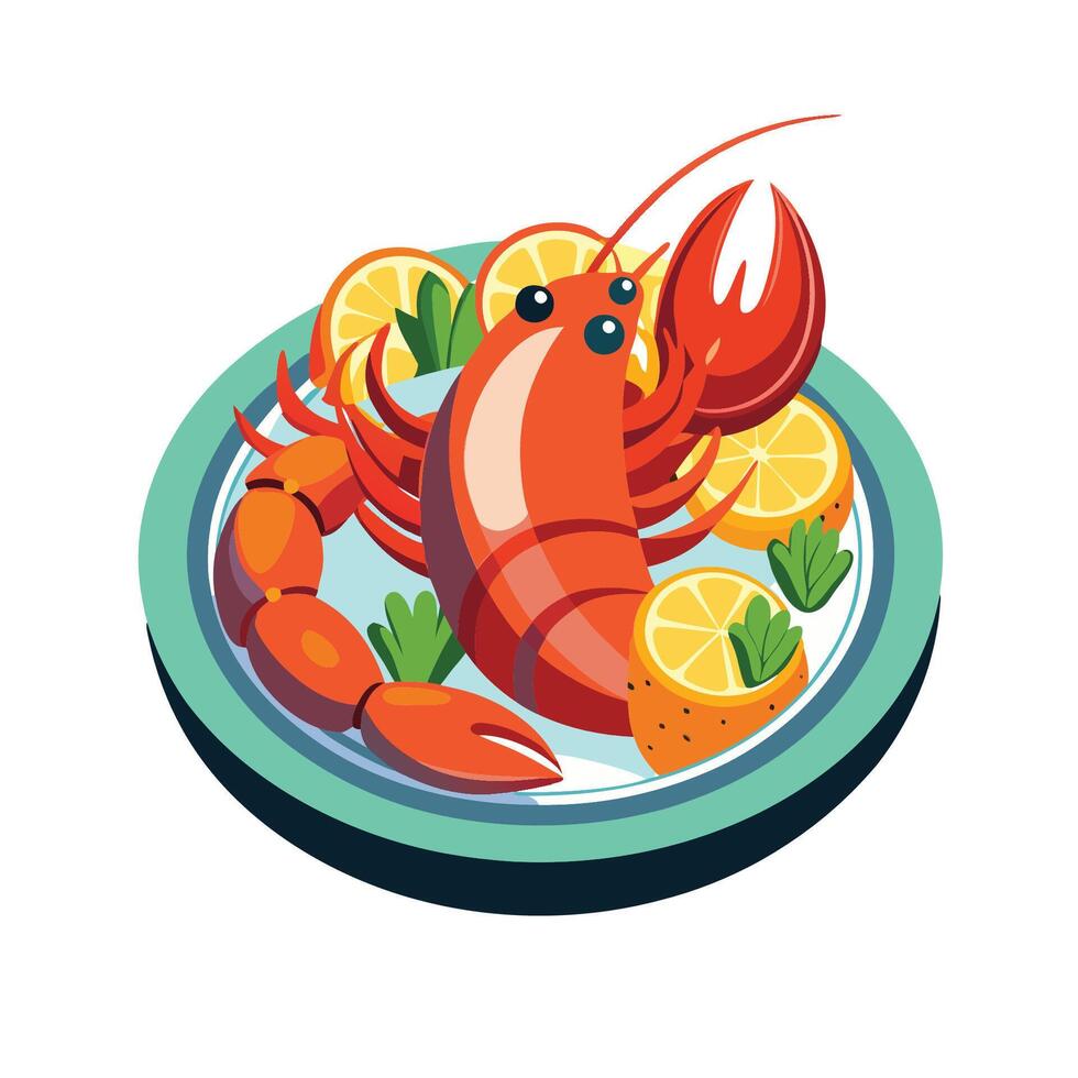 Lobster with lemon slices and vegetables on a plate vector