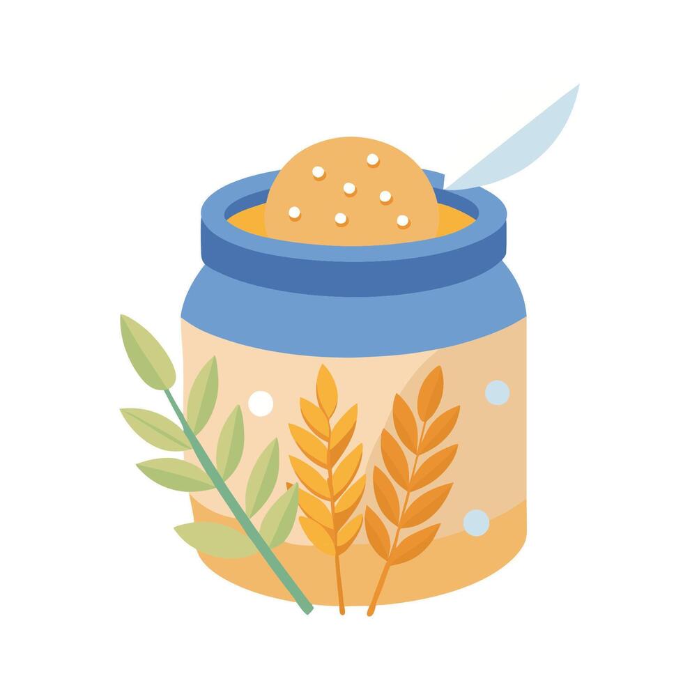 A jar of peanut butter with wheat and leaves vector