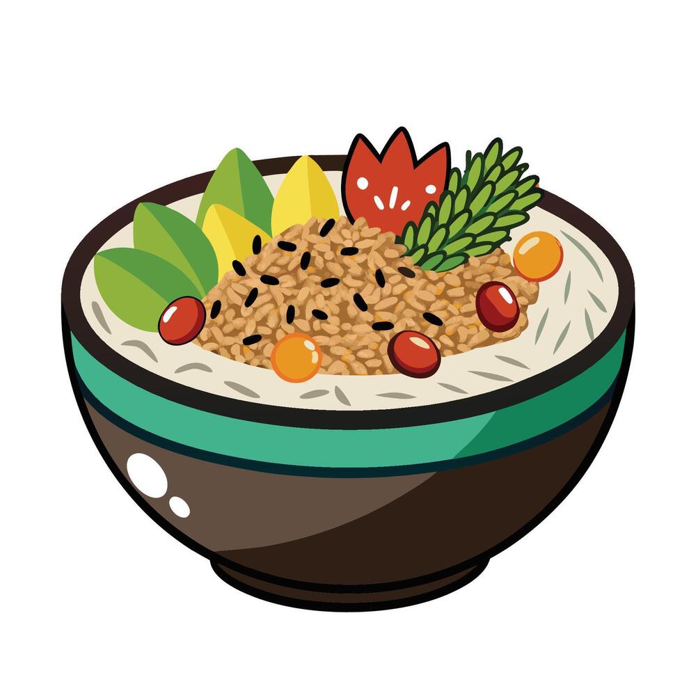 Rice bowl with vegetables and fruit in it vector