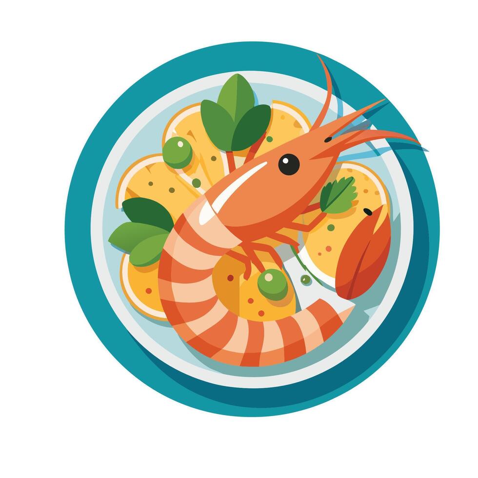 Shrimp with orange slices and lemon on a plate vector