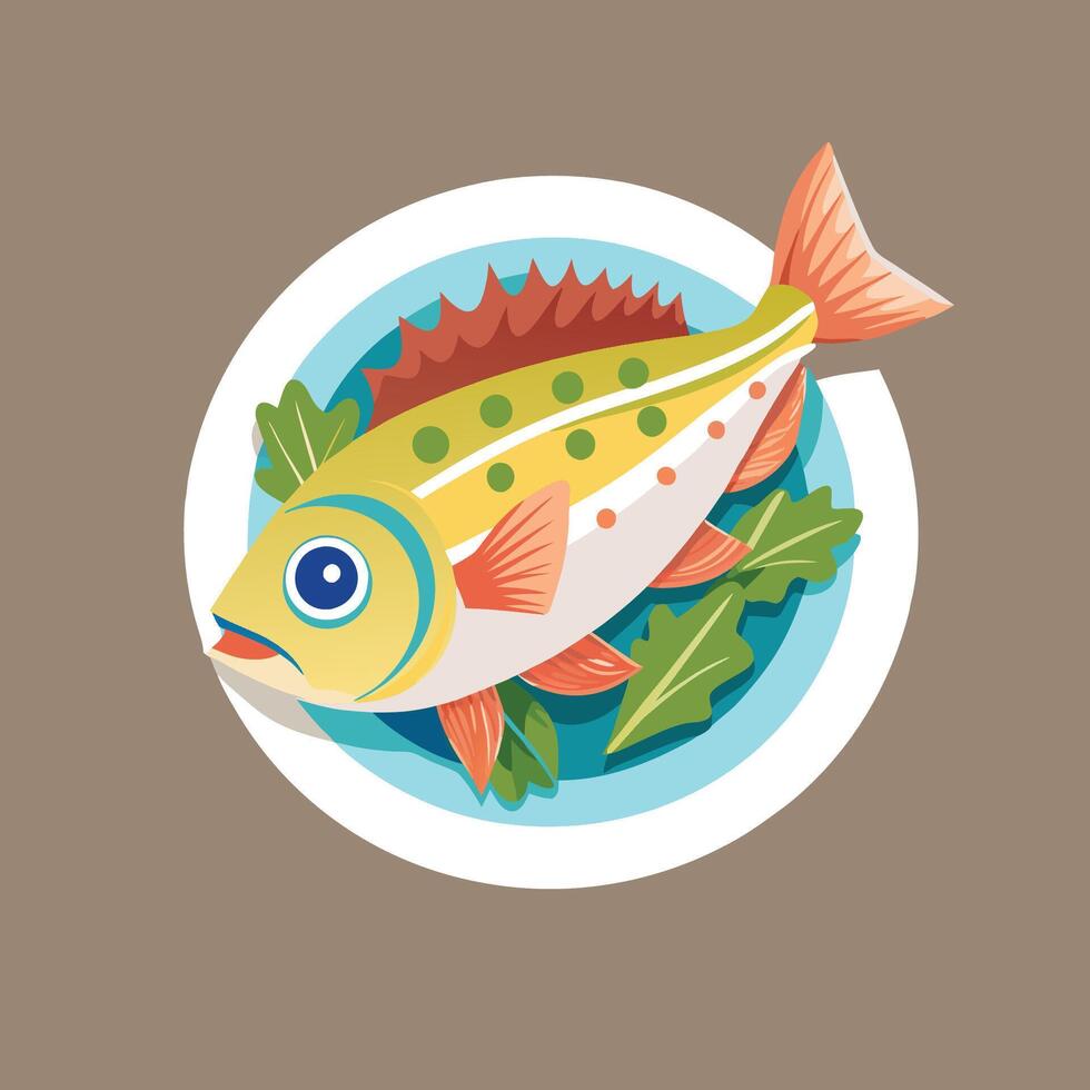 Fish icon on brown background with green leaves vector
