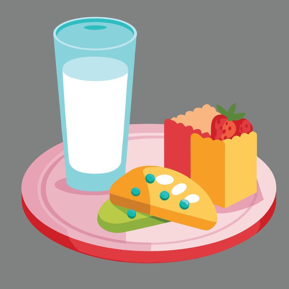 A plate with a glass of milk and cake vector