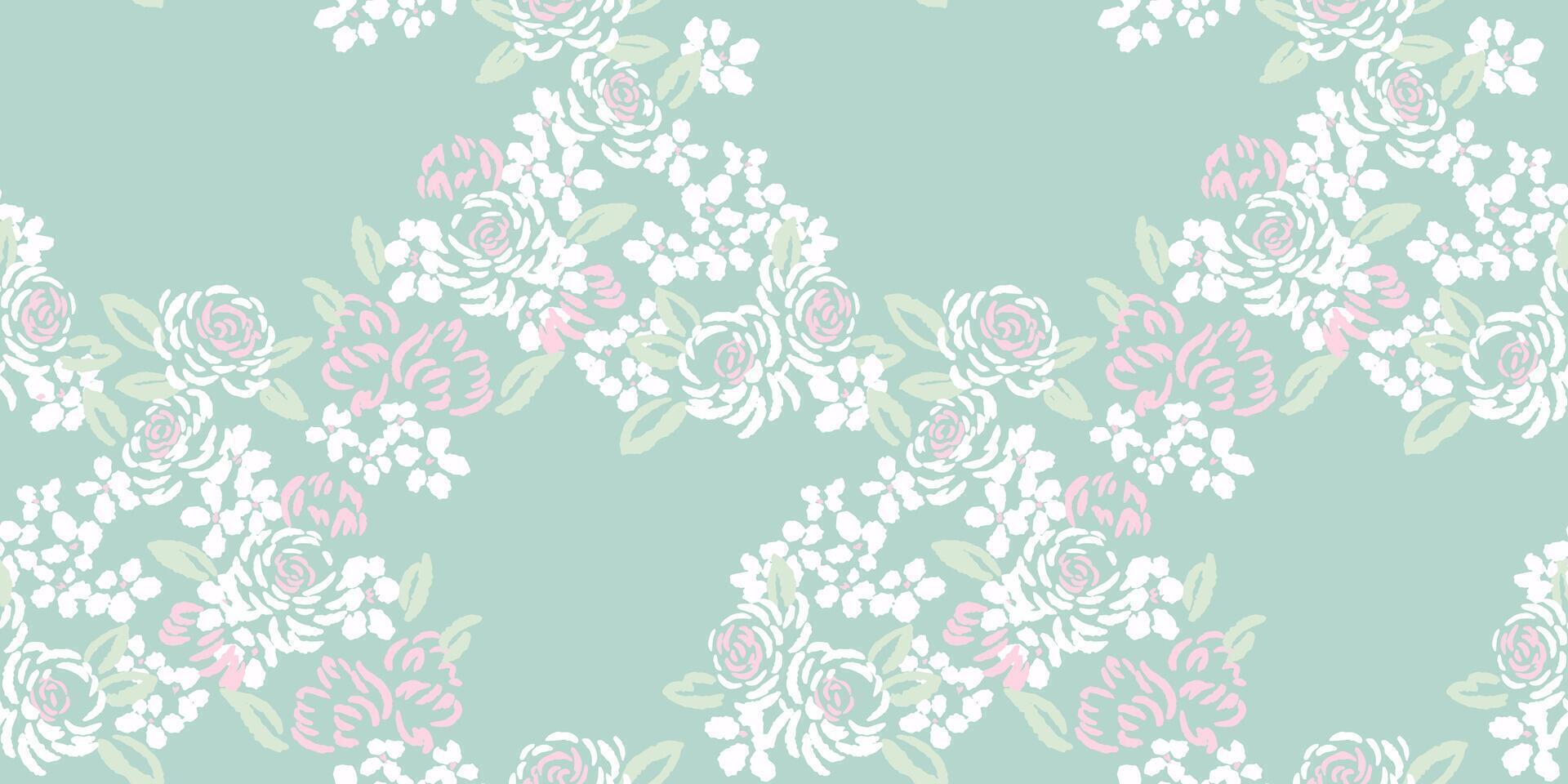Abstract, artistic shapes rose flowers intertwined in a seamless pattern. Pastel mint green floral print. hand drawn sketch. Nature ornament vector