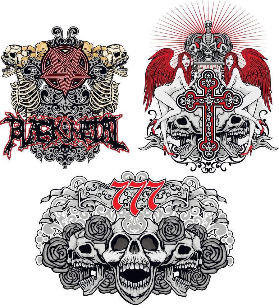 set, gothic sign with skull, grunge vintage design t shirts vector