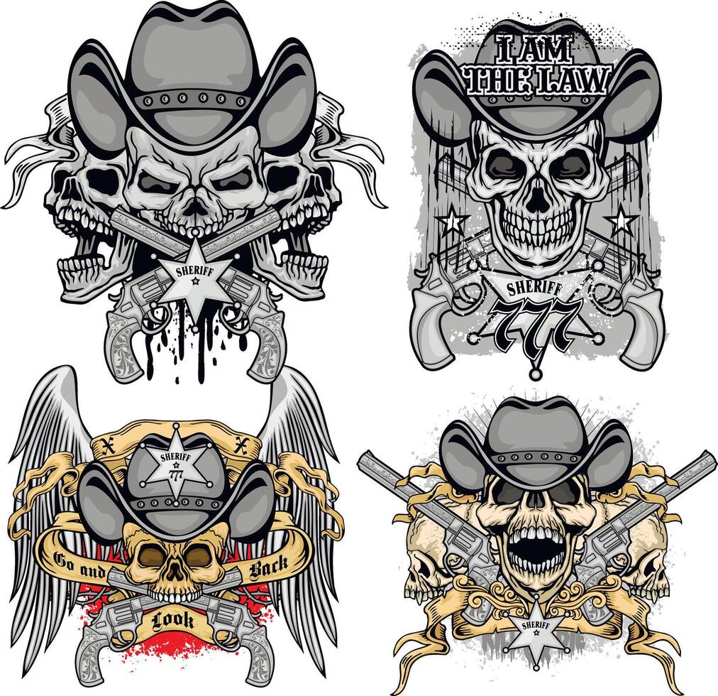 set, western skull in cowboy hat vector