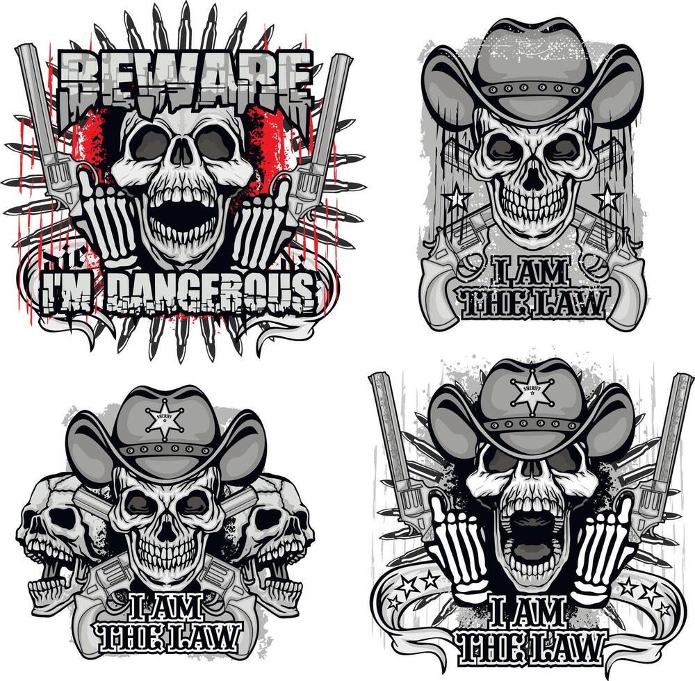 set, skull in cowboy hat and guns vector