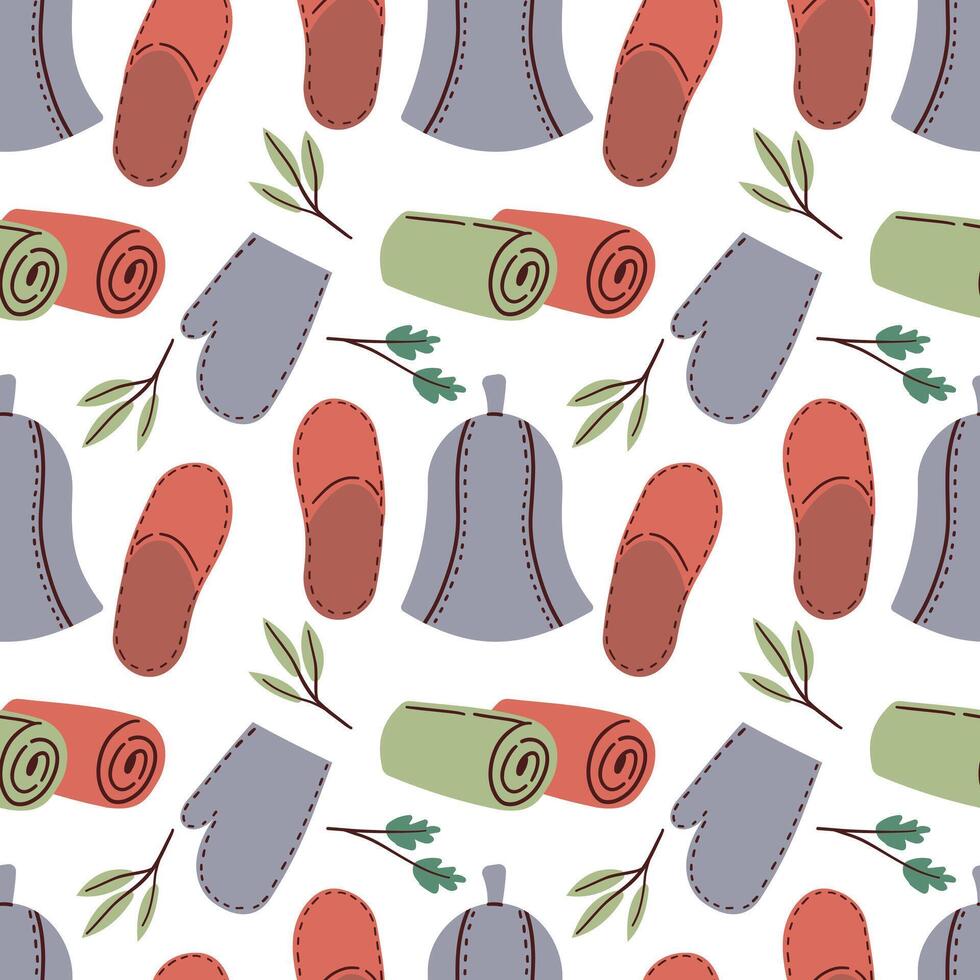 Sauna seamless pattern. Finnish bathhouse tools, cartoon spa wellness equipment. Cozy elements fabric print design, flat background vector