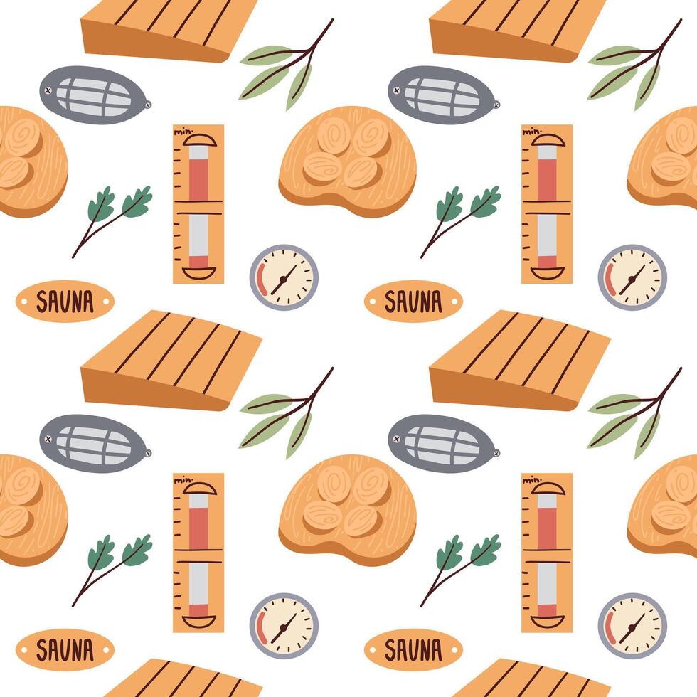 Cozy elements fabric print design, flat background .Sauna seamless pattern. Finnish bathhouse tools, cartoon spa wellness equipment. vector