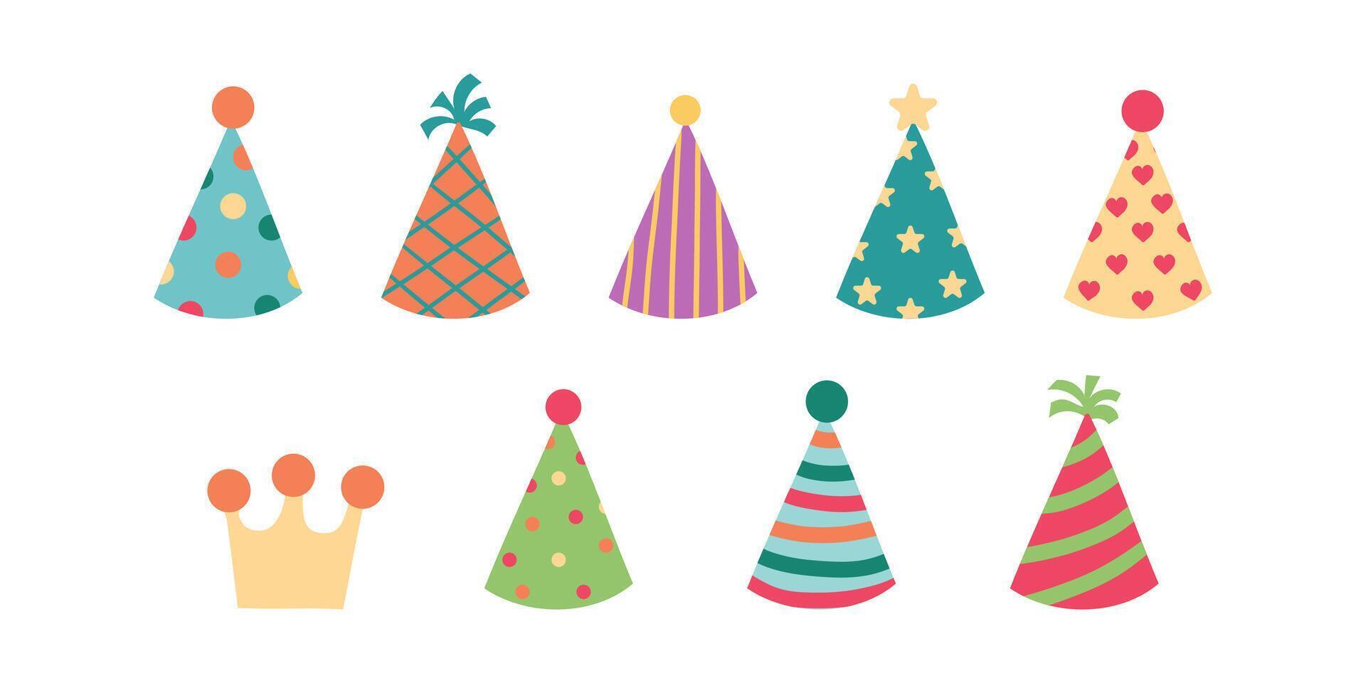 Party hat set. Cute birthday cone caps in bright colors with pompon above. Festive paper caps collection flat style isolate on white for winter holidays and birthday party design . vector