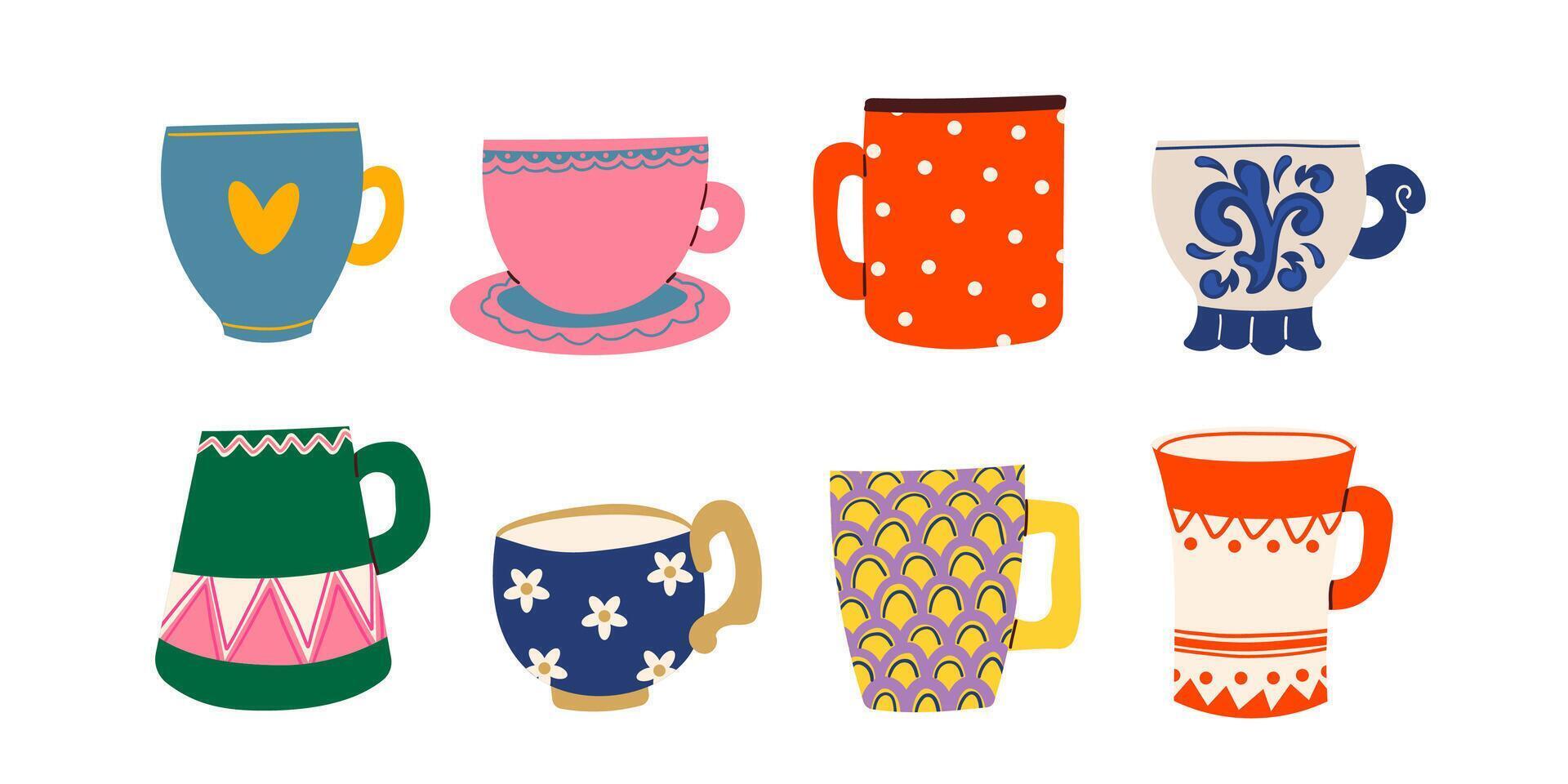 Hand drawn set of various cups with tea or coffee. Side view. Different ornaments. Flowers, cozy elements Hand drawn colored trendy illustration. Cartoon style. Flat design. vector