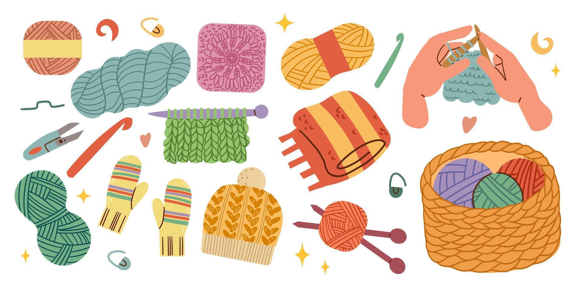 Knitting set. Yarn and threads, skein of wool, knitting needles, yarn basket, weaving wool, scissors pack. Needlework, tools for sewing and knitting collection. Flat illustration isolated vector