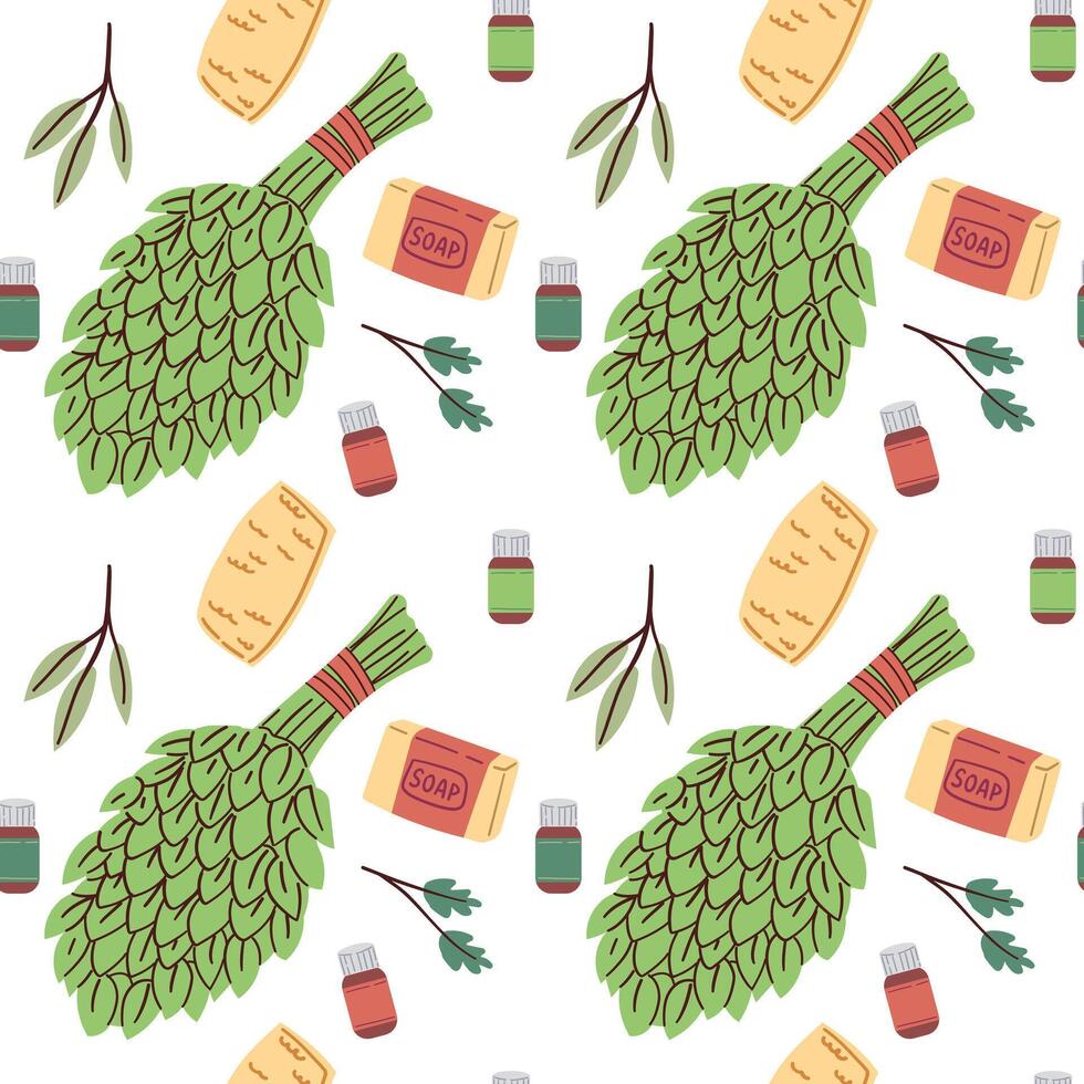 Sauna seamless pattern. Finnish bathhouse tools, cartoon spa wellness equipment. Cozy elements fabric print design, flat background vector