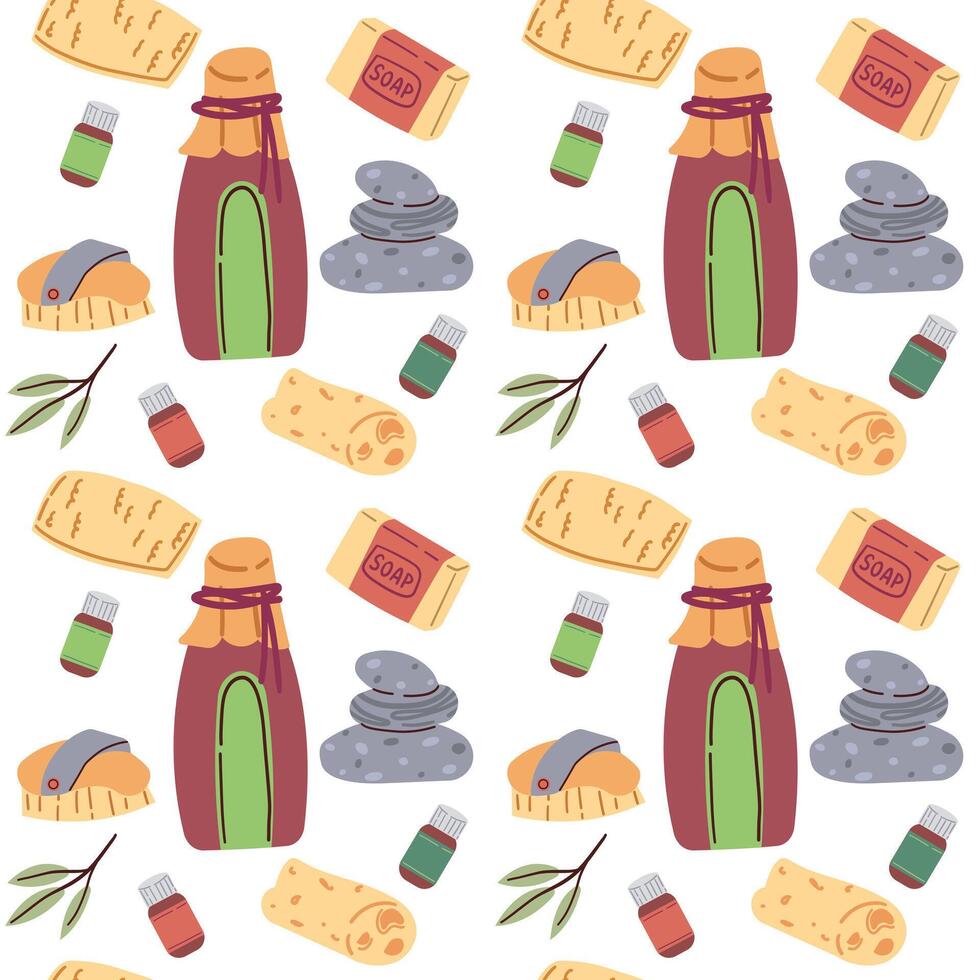 Finnish bathhouse tools, cartoon spa wellness equipment. Cozy elements fabric print design, flat background vector