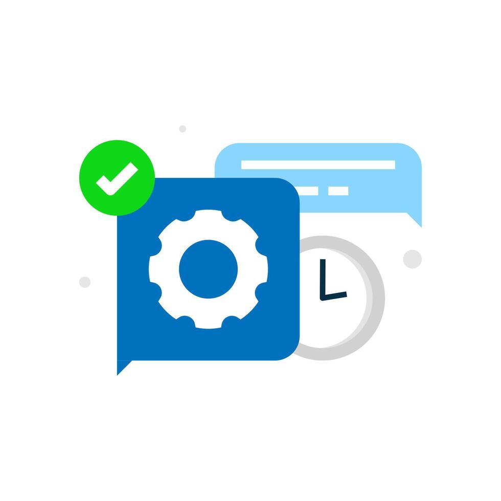illustration of a chat bubble with gear, analog clock, and check mark icons, symbolizing a message under processing. This design visually communicates Your request is being processed, please wait vector