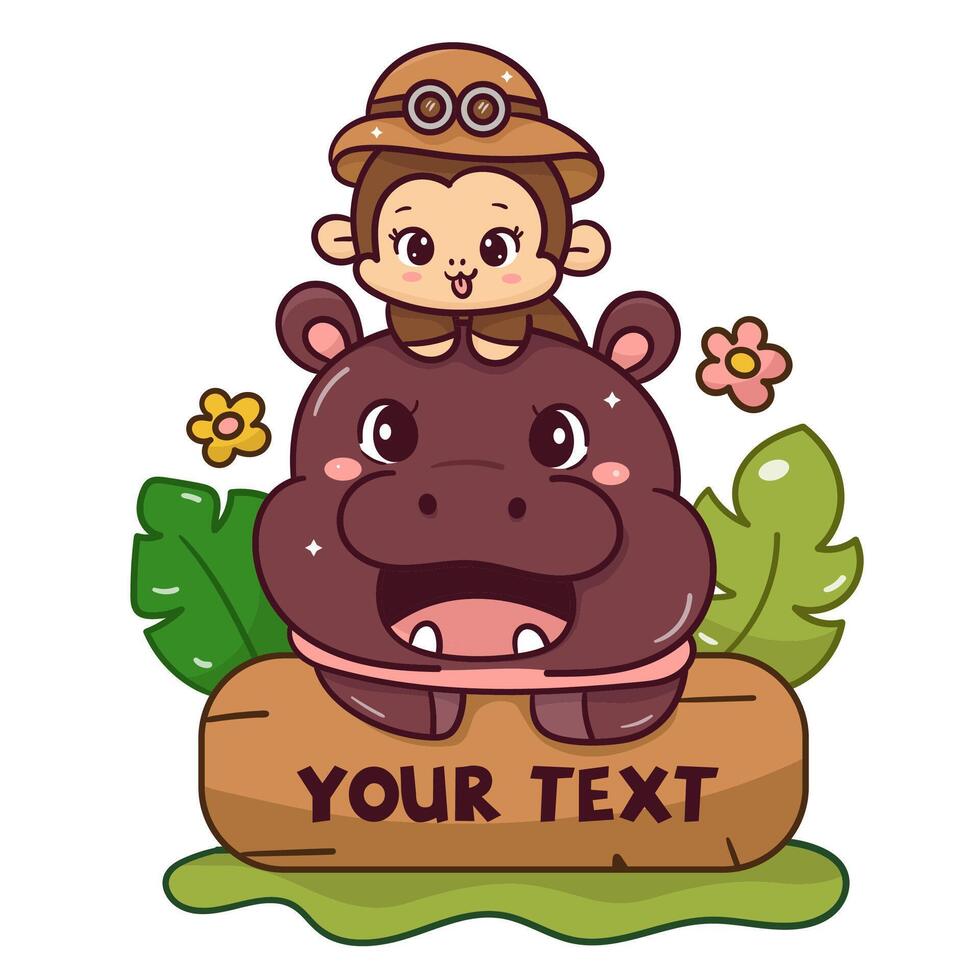 Zoo logo Pygmy hippo baby hippopotamus with happy monkey vector