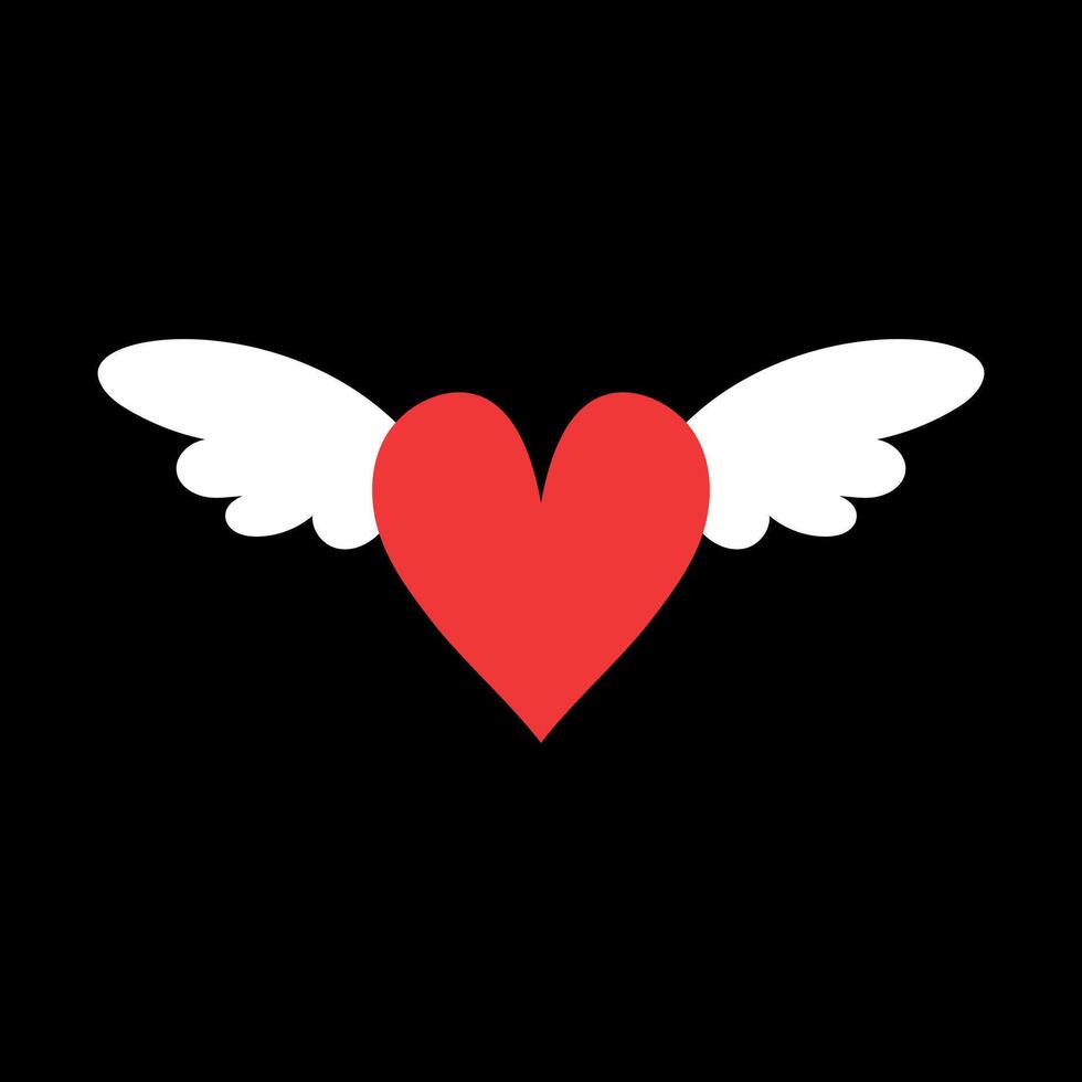 Flying red heart with white wings on black background vector