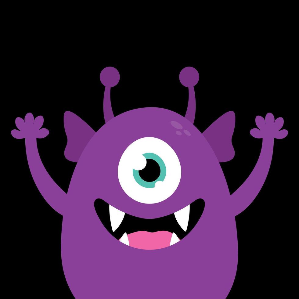 Cartoon monster face. Funny purple monster with fangs and horns in childish style vector