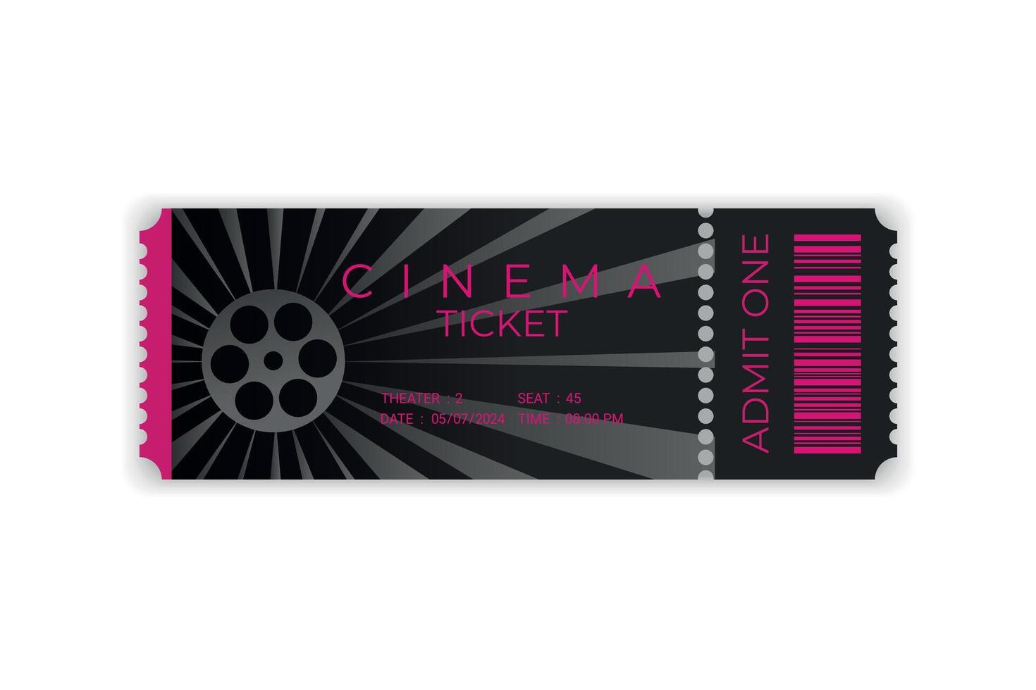 Cinema ticket with barcode in realistic style. Design with film reel. Front view. Cinema ticket template vector