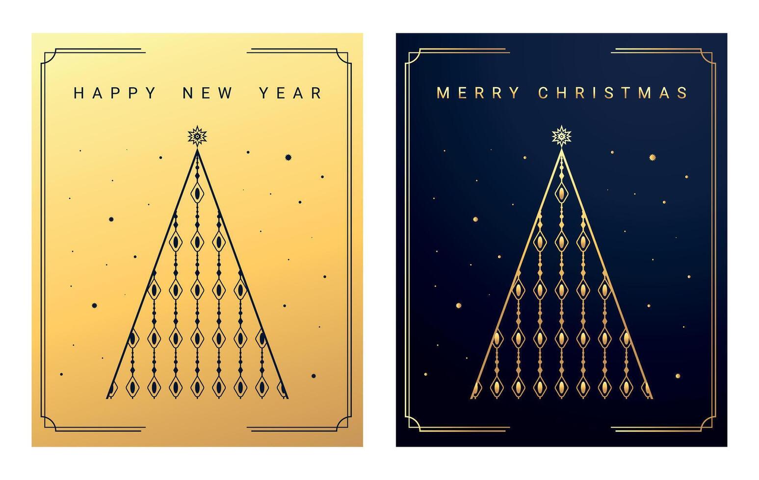 Happy New Year and Merry Christmas greeting cards with geometric shaped Christmas tree. Dark blue and gold gradient color vector