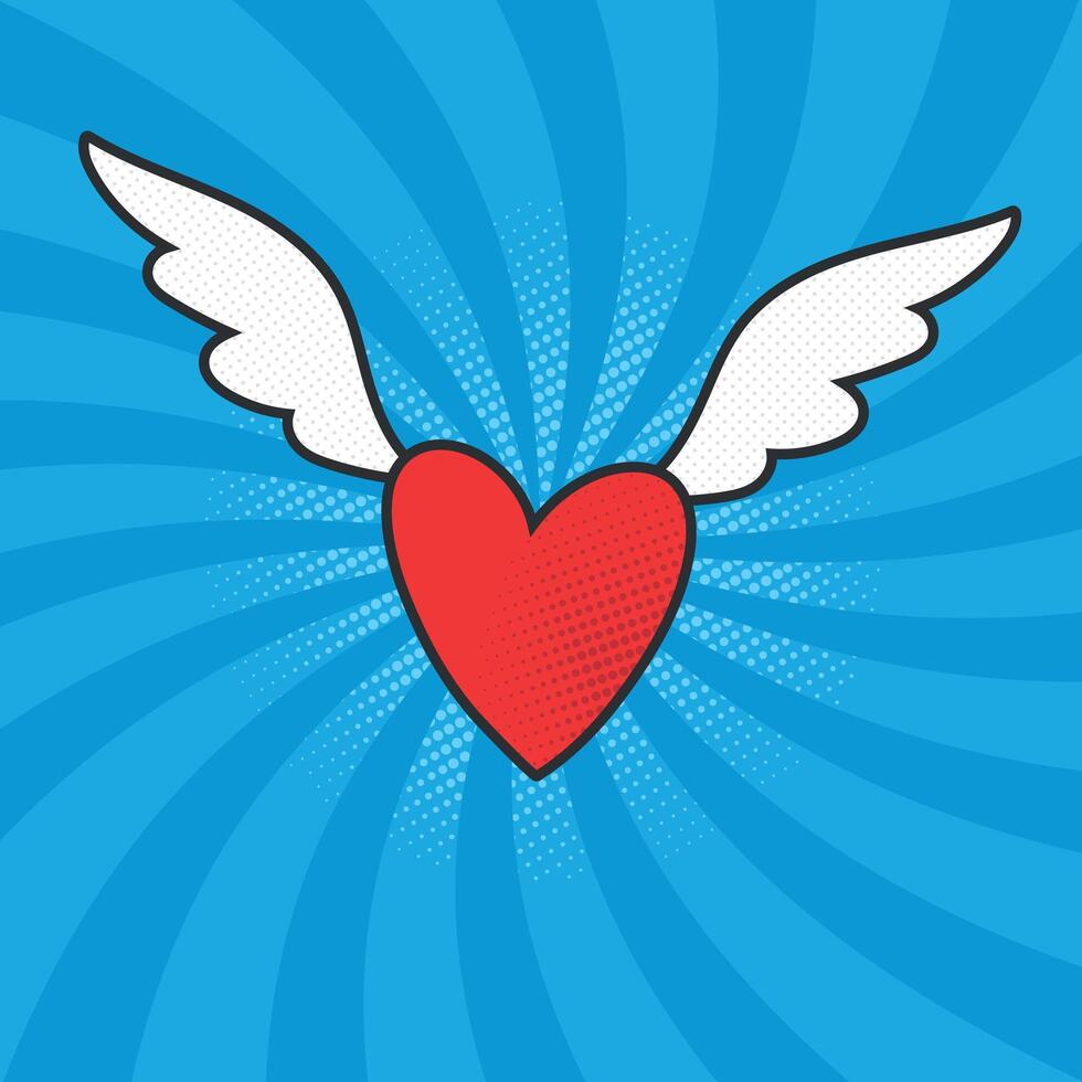 Flying red heart with white wings on blue rays background. Angel heart in pop art style vector