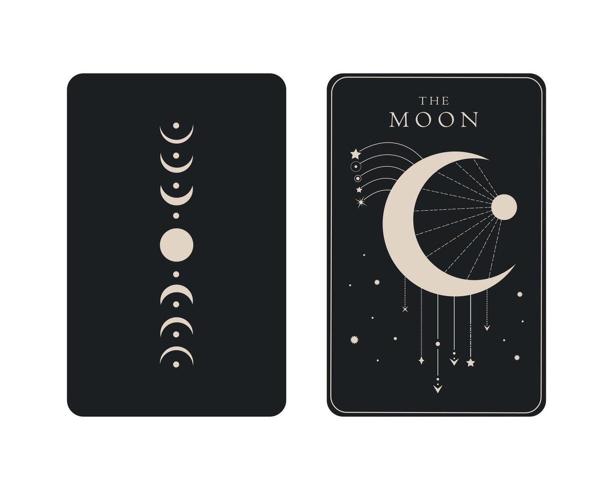 Tarot card of Major Arcana the Moon. Tarot card in front and reverse side. Tarot symbolism. Mystery, astrology, esoteric vector